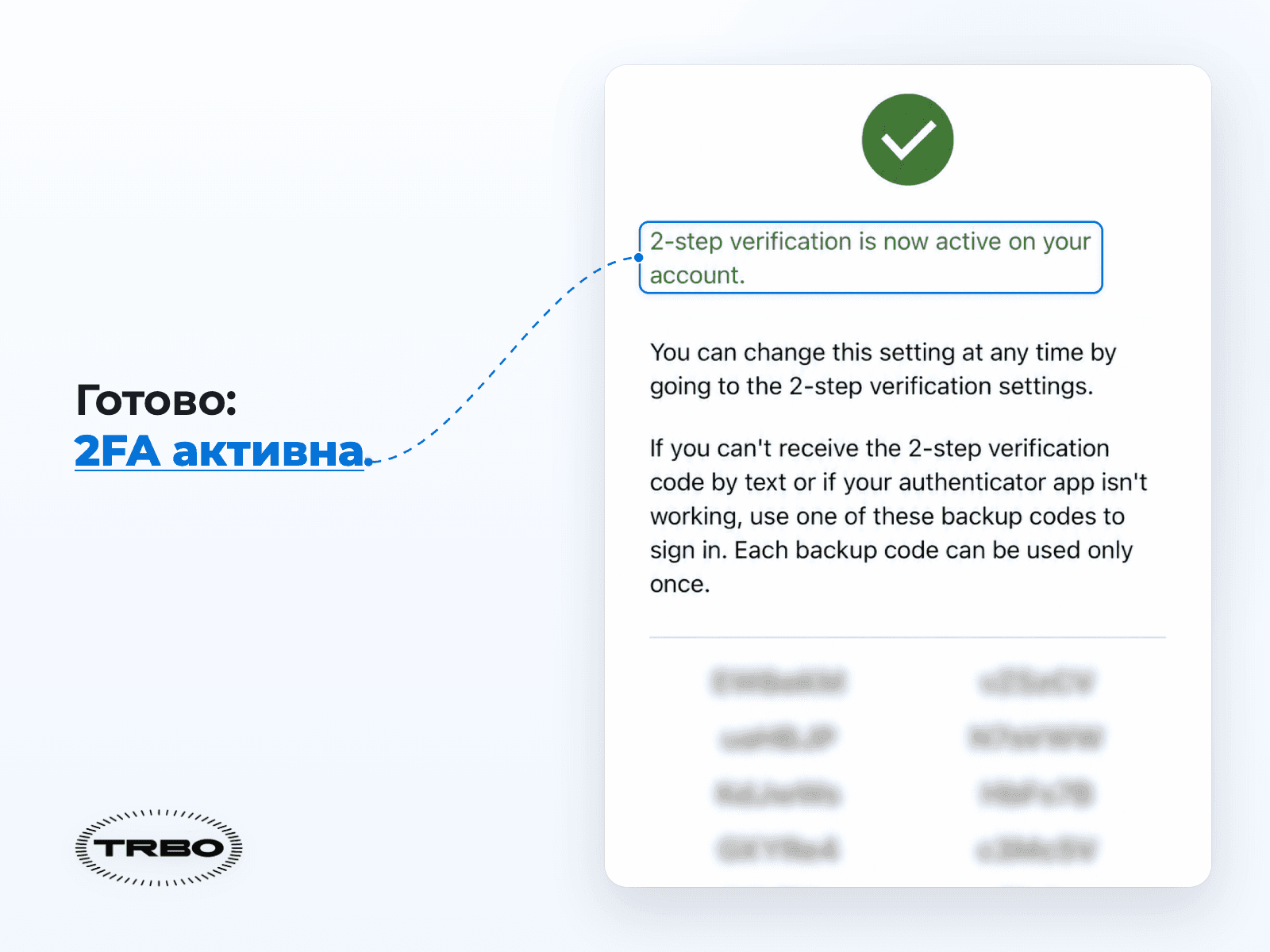 Шаг 8: двухэтапная аутентификация активна, резервные коды скрыты