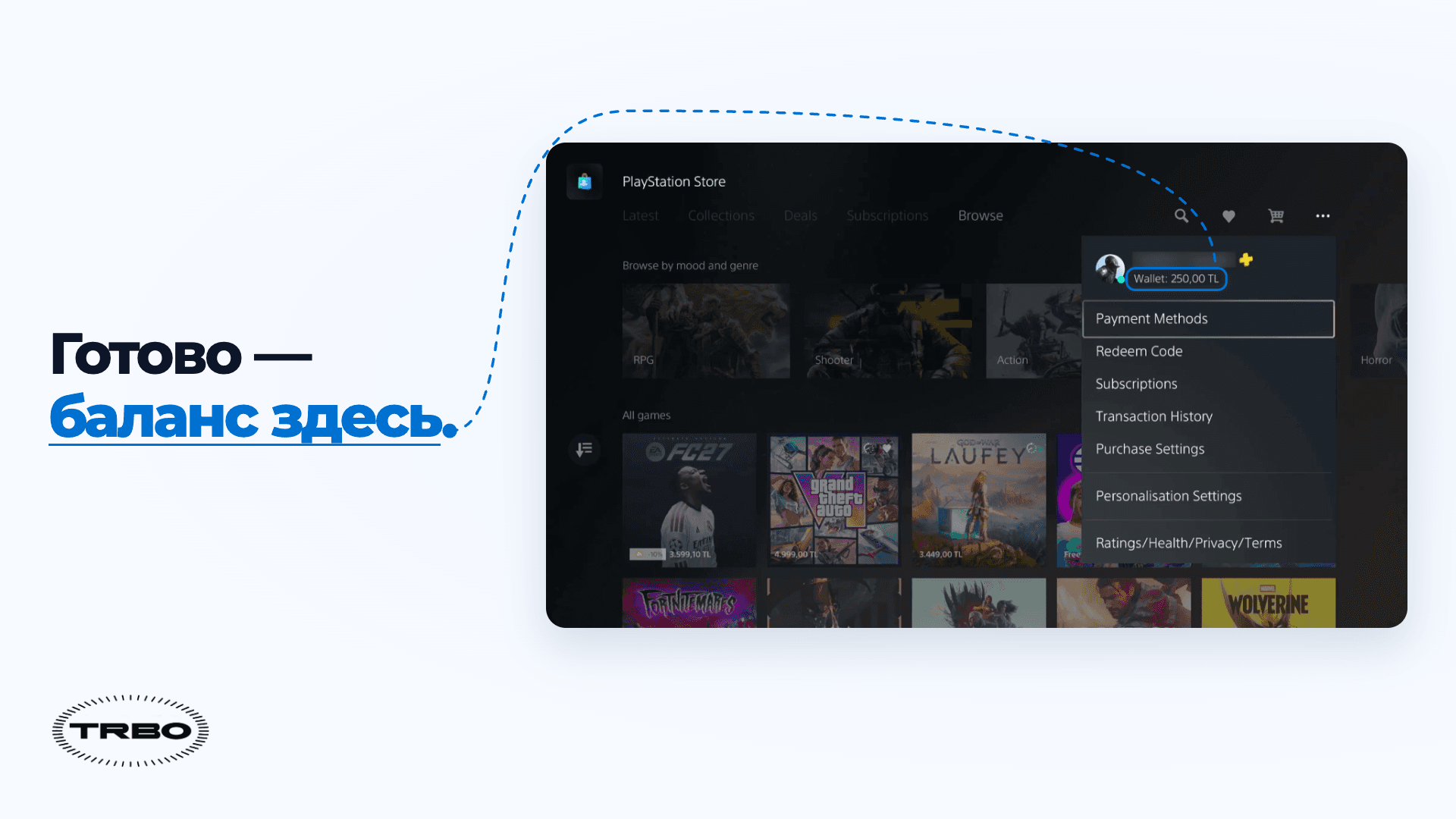 Шаг 7: обновлённый баланс Wallet в меню PlayStation Store